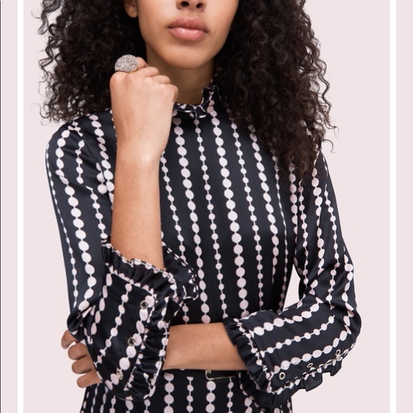 Kate Spade 100% Silk Pearl Strands Print High Ruffle Neck Snap Midi Dress - Picture 6 of 12